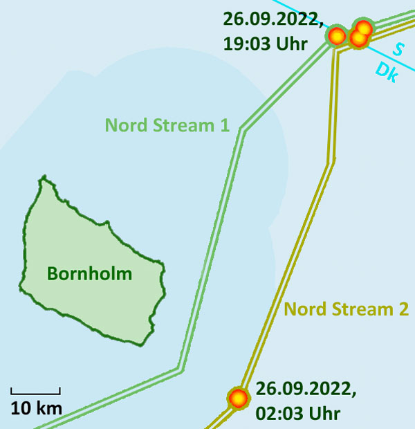 Bildtext: Platserna för explosionerna orsakade av Nord Stream-attackerna den 26 september. (Lampel, CC BY-SA 4.0, Wikimedia Commons)